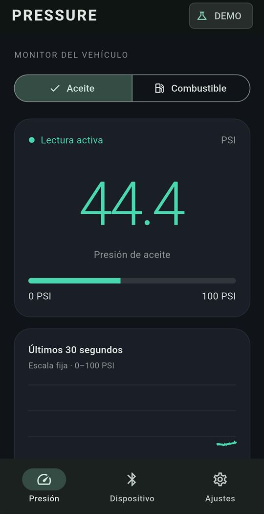 App screen showing a live oil pressure reading in PSI with a 0 to 100 PSI bar and a switch between oil and fuel.