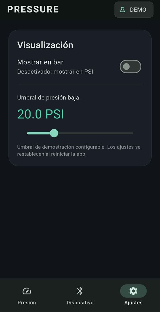 App settings screen with a PSI or bar switch and an adjustable low pressure threshold.