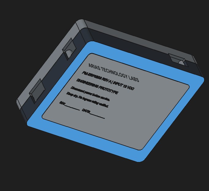 CAD view of the underside of the enclosure with its product label.