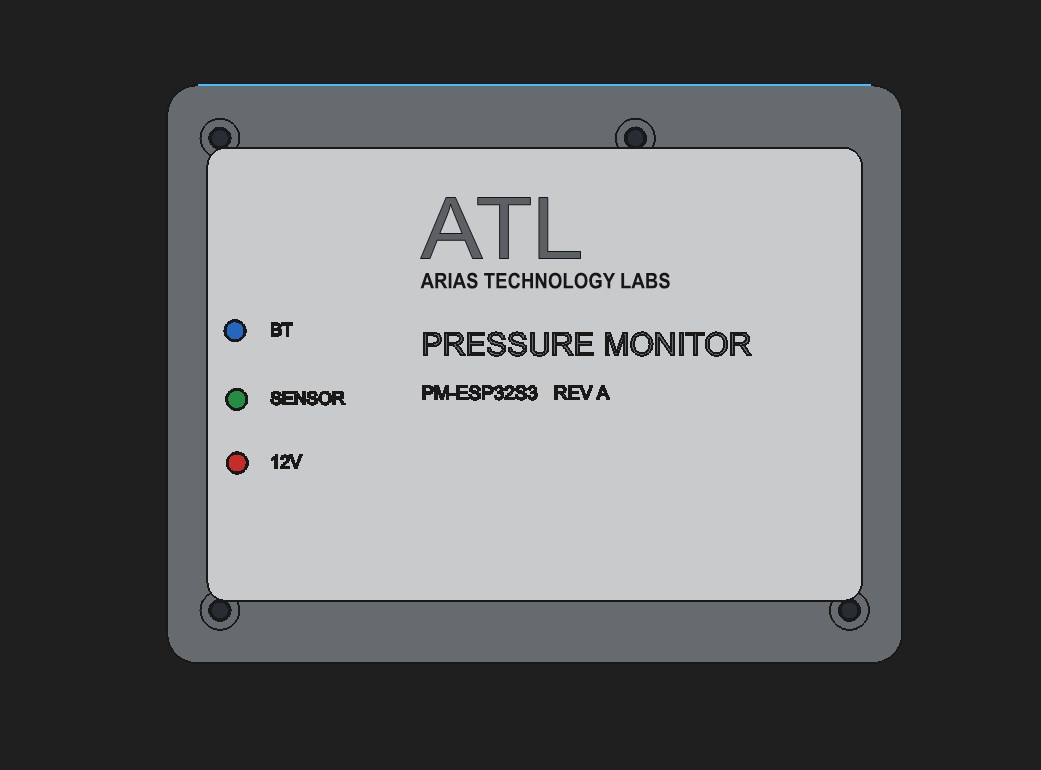 CAD drawing of the enclosure lid with three status LEDs labeled BT, SENSOR and 12V, and the product name Pressure Monitor.