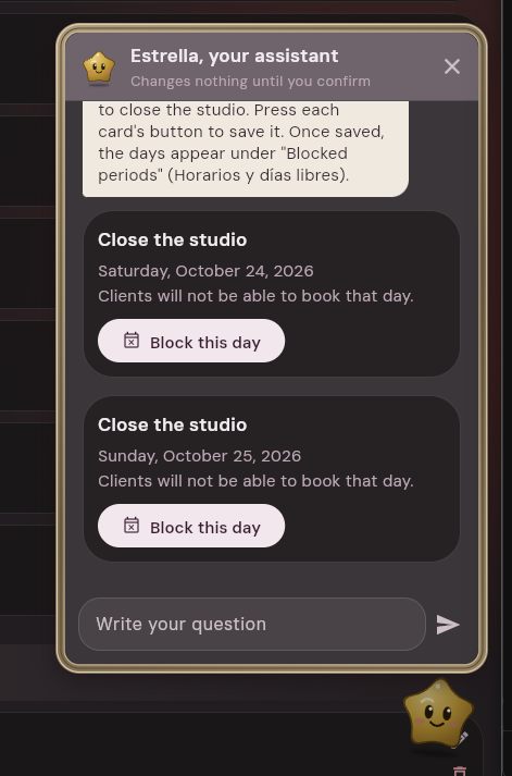 Estrella shows a Block this day card for each free day.