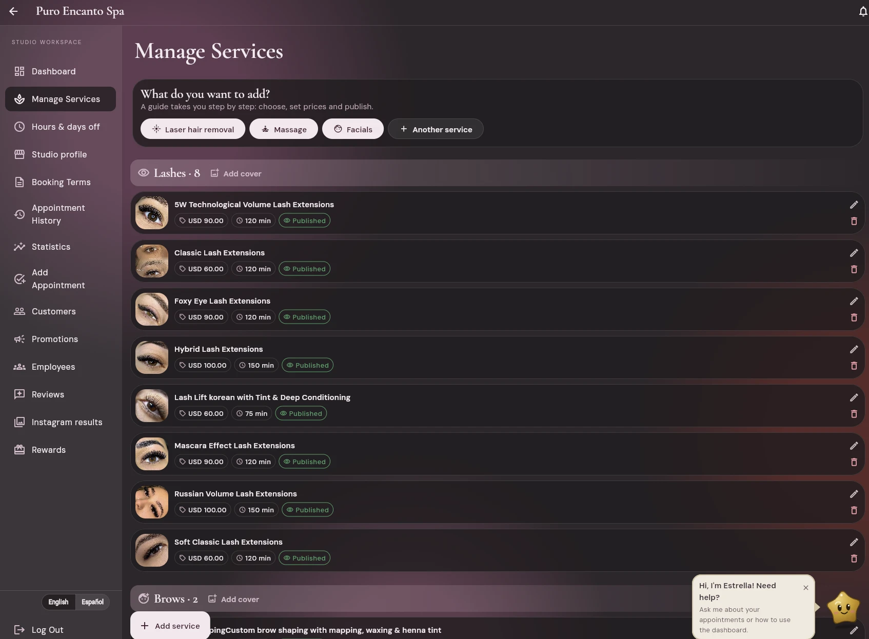 Owner workspace listing lash services with prices, durations and published status.